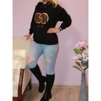   Kenguruzsebes,strasszos,aranymintás,kapucnis felső!  fekete L-XXL