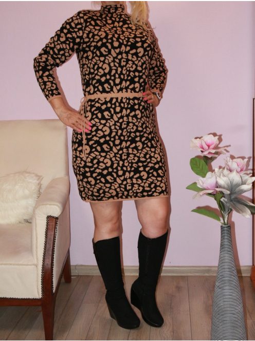 Ocelot mintás,derékban kötős,likrás kötött tunika/ruha ! bézs-fekete  L/XL