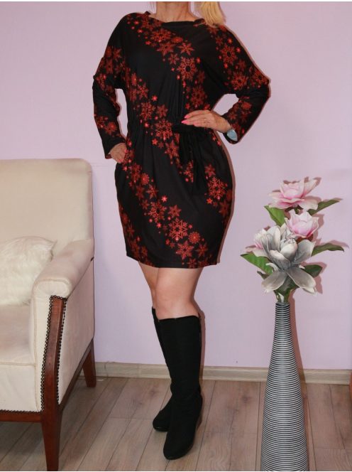 Karácsonyi mintás,derékban kötős,zsebes tunika! fekete-meggypiros  M-XL