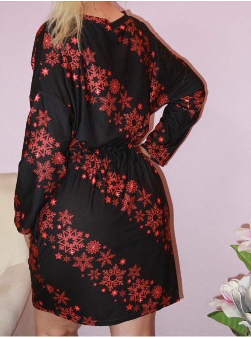 Karácsonyi mintás,derékban kötős,zsebes tunika! fekete-meggypiros  M-XL