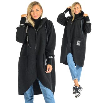   Kapucnis,zsebes,szalagdíszes,buklé kabátka !  fekete  L-XXL