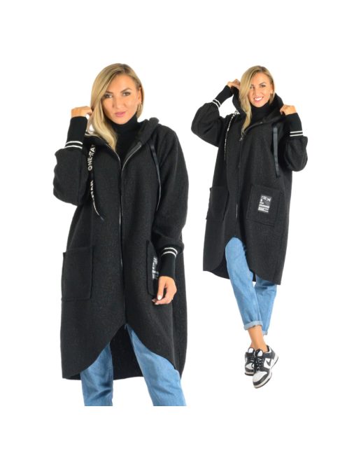 Kapucnis,zsebes,szalagdíszes,buklé kabátka !  fekete  L-XXL