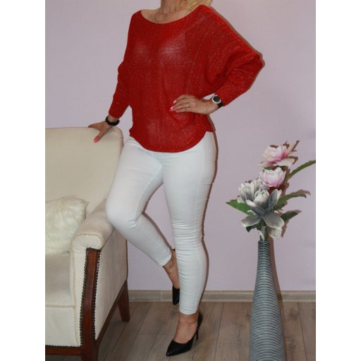 Csillámos,háta masnis,kötött denevérujjas felső! piros L-XXL