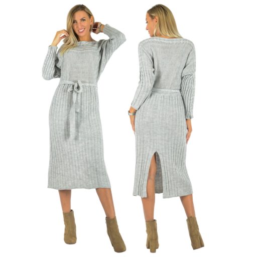 Csónaknyakú,öves kötött ruha!  szürke  S-XL