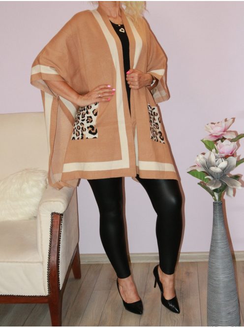  Leopárdos,zsebes,likrás kötött poncsó ! mogyorószín  L-3XL