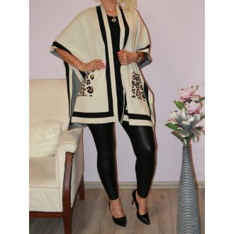 Leopárdos,zsebes,likrás kötött poncsó !  ekrü  L-3XL