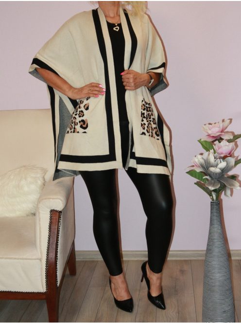 Leopárdos,zsebes,likrás kötött poncsó !  ekrü  L-3XL