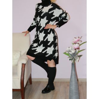 Tyúkláb mintás,garbós,kötött ruha!  fekete L-XXL