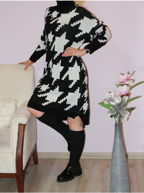 Tyúkláb mintás,garbós,kötött ruha!  fekete L-XXL