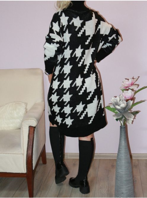Tyúkláb mintás,garbós,kötött ruha!  fekete L-XXL