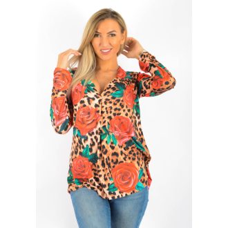   Rózsás,leopárdos,mellnél letűzött,V kivágású felső! M-XL