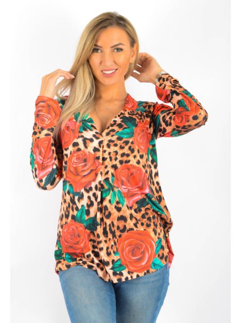 Rózsás,leopárdos,mellnél letűzött,V kivágású felső! M-XL