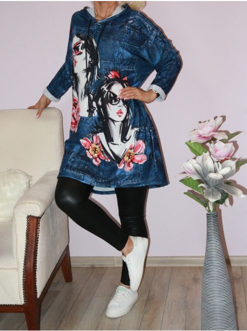Csajos mintás,kapucnis,pihe-puha anyagú tunika! farmerkék L-XXL