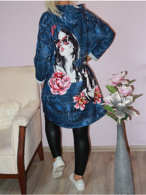 Csajos mintás,kapucnis,pihe-puha anyagú tunika! farmerkék L-XXL