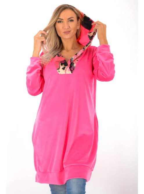 Kapucnis,V kivágású,zsebes,plüss tunika!  pink L-XXL