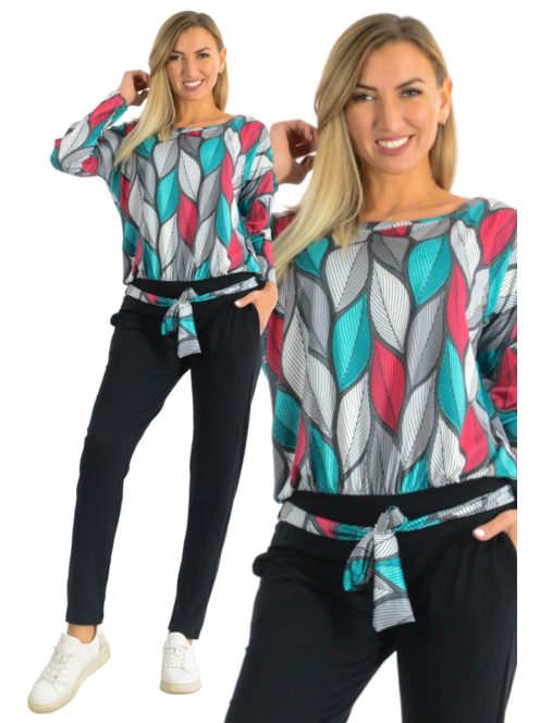 Levél mintás,zsebes,öves overál ! türkiz-fekete-eper  M-XL