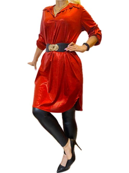 Fényes anyagú,galléros ingtunika!  piros M-XL