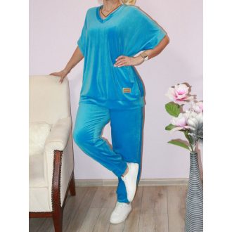   Plüss V nyakú,rövidujjú,zsebes szabadidőruha ! türkiz  XXL-3XL