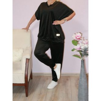   Plüss V nyakú,rövidujjú,zsebes szabadidőruha ! fekete XXL-3XL