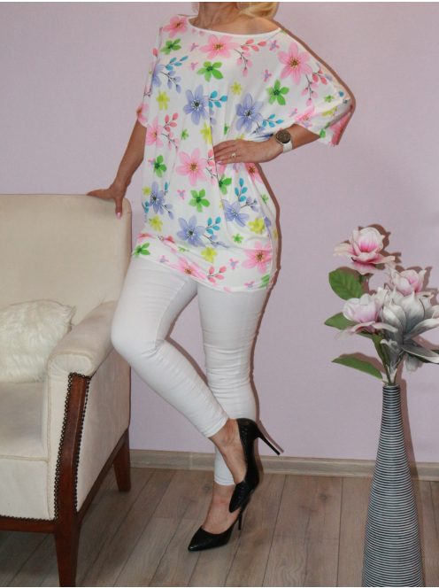 Virág mintás,denevérujjas tunika! fehér L-XXL